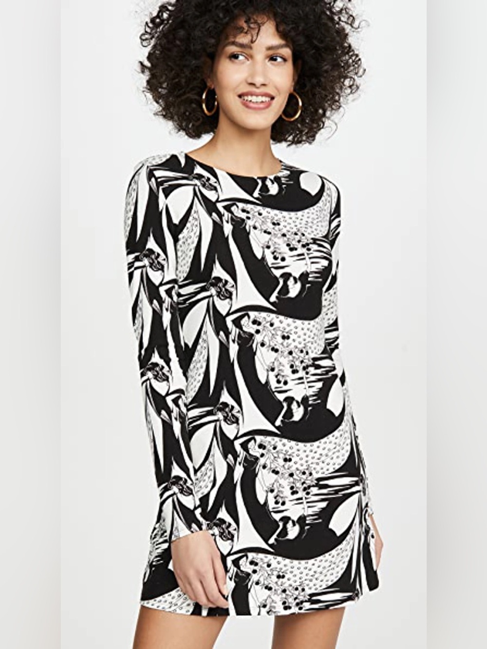 Reformation Kenmare Black & White Printed Long-Sleeve Shift Dress Size Small
